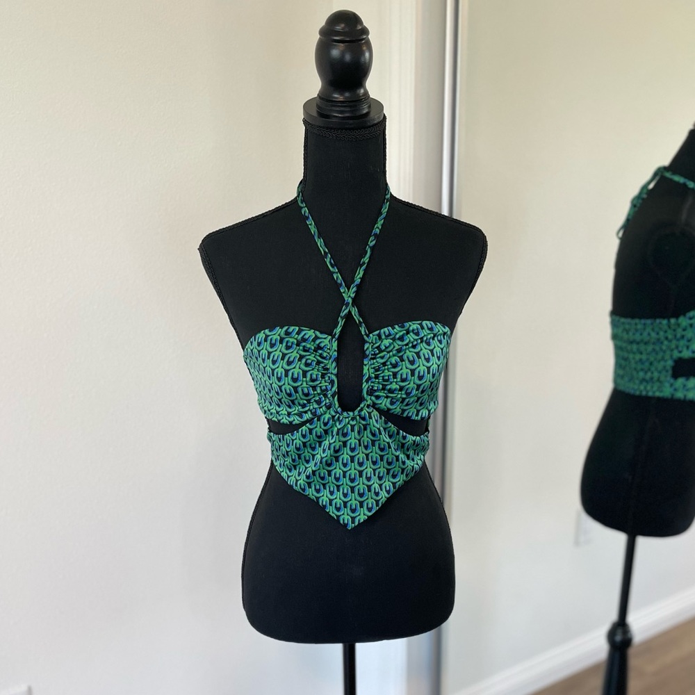 Satin Crop Halter Top from Hey Babe comes in Green and Blue Print